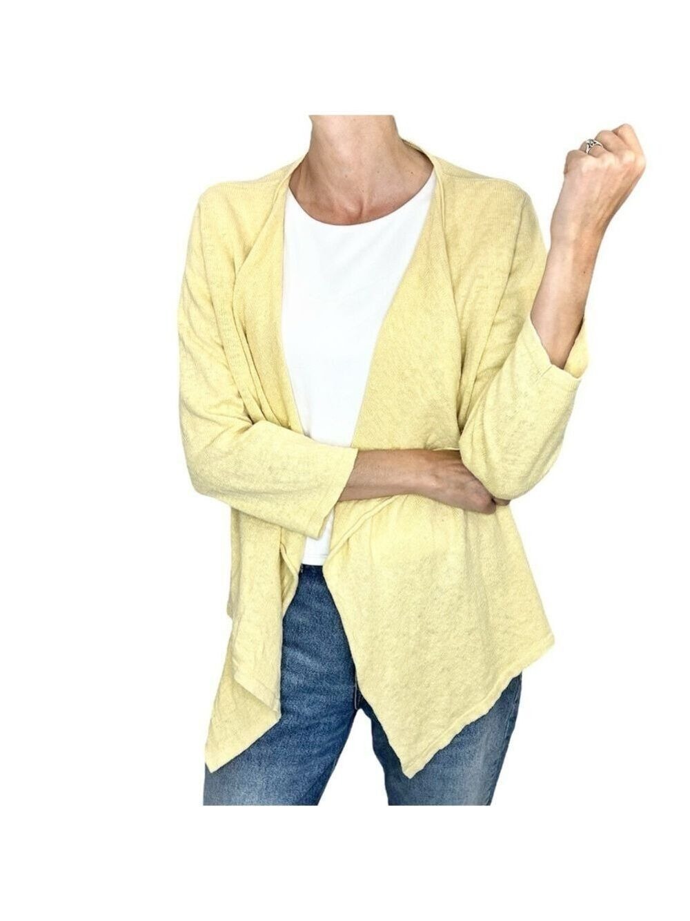 PRIA linen cotton butter yellow open waterfall front cardigan sweater L